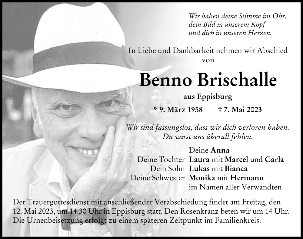  Traueranzeige für Benno Brischalle vom 10.05.2023 aus Augsburg-Land, Donau Zeitung