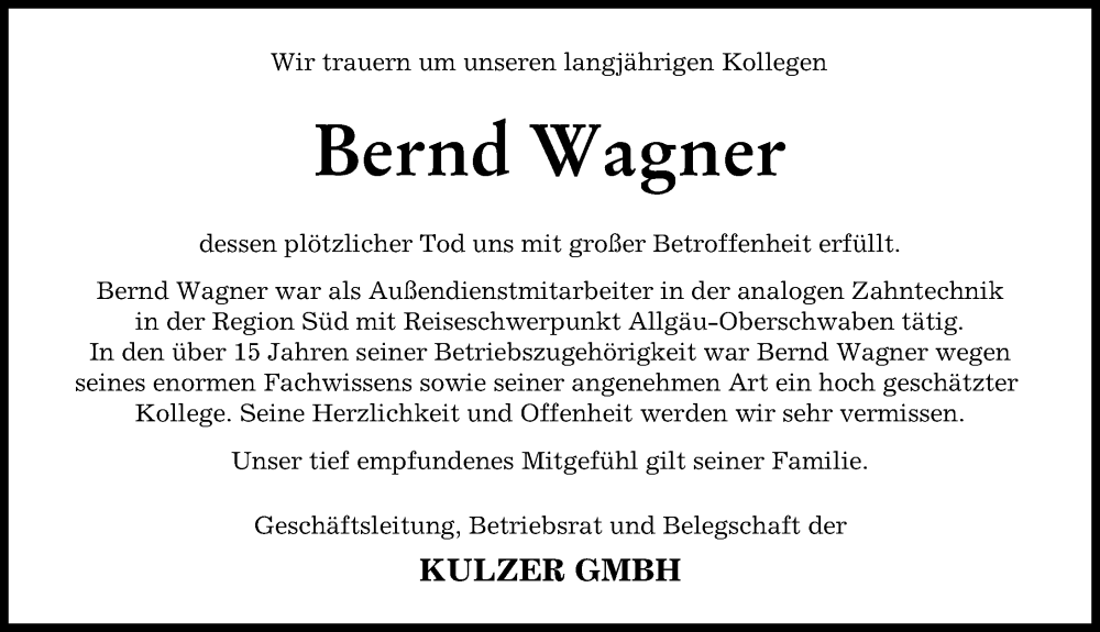 Traueranzeige von Bernd Wagner von Augsburger Allgemeine