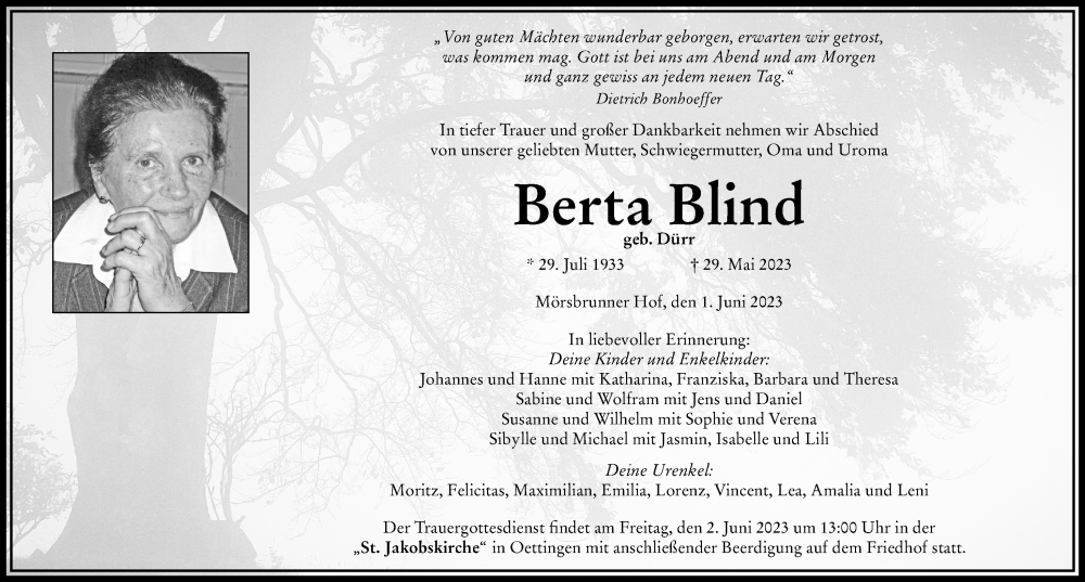 Traueranzeige für Berta Blind vom 01.06.2023 aus Rieser Nachrichten