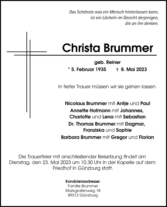Traueranzeige von Christa Brummer von Günzburger Zeitung