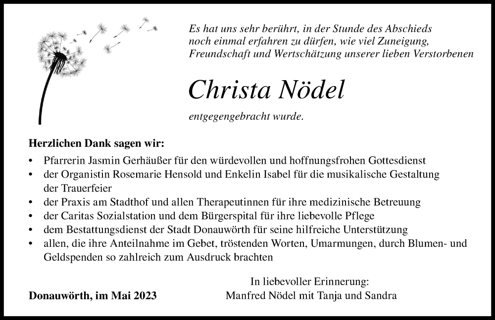 Traueranzeige von Christa Nödel von Donauwörther Zeitung