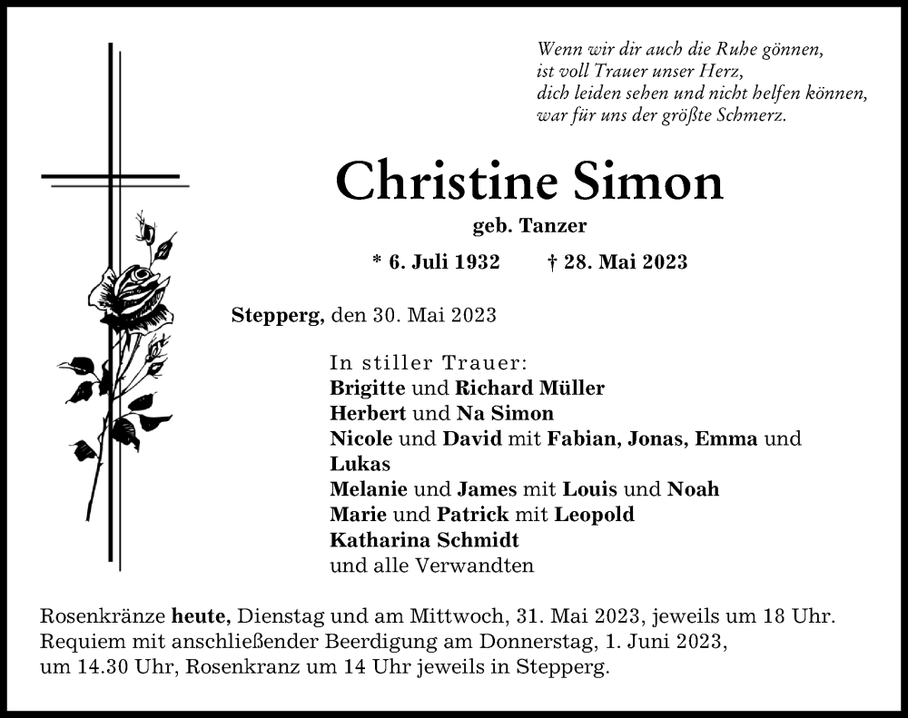  Traueranzeige für Christine Simon vom 30.05.2023 aus Neuburger Rundschau