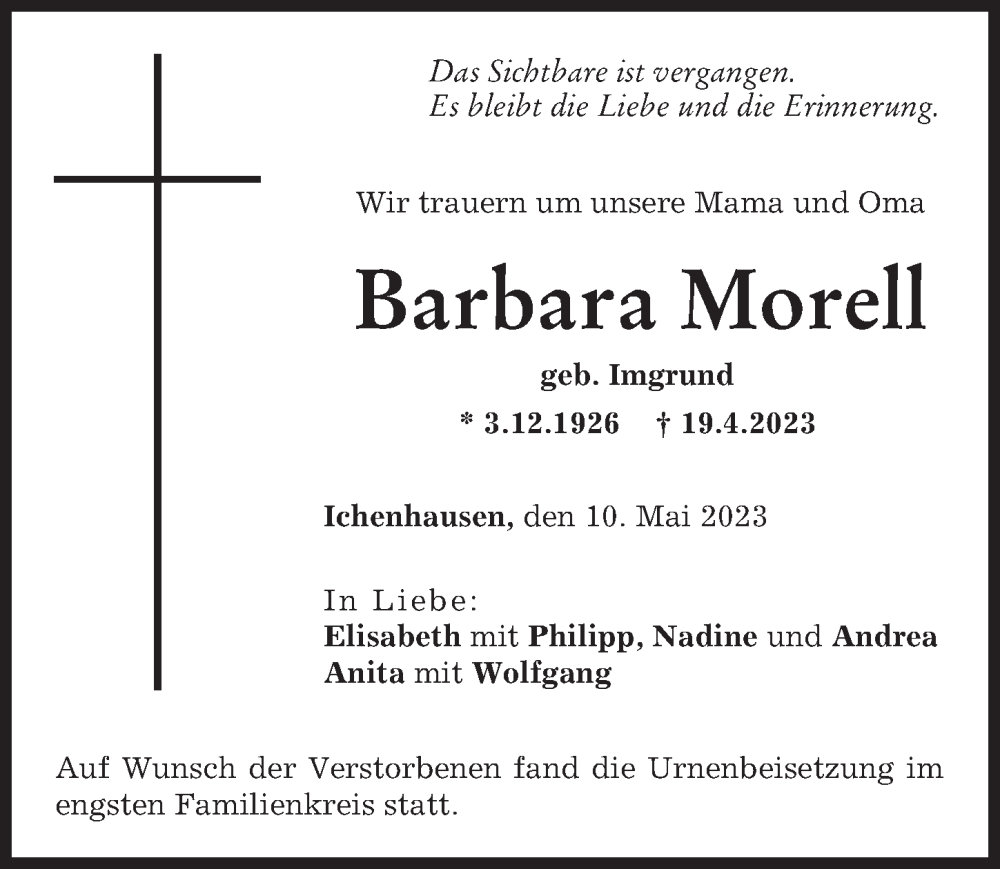 Traueranzeige von Barbara Morell von Günzburger Zeitung