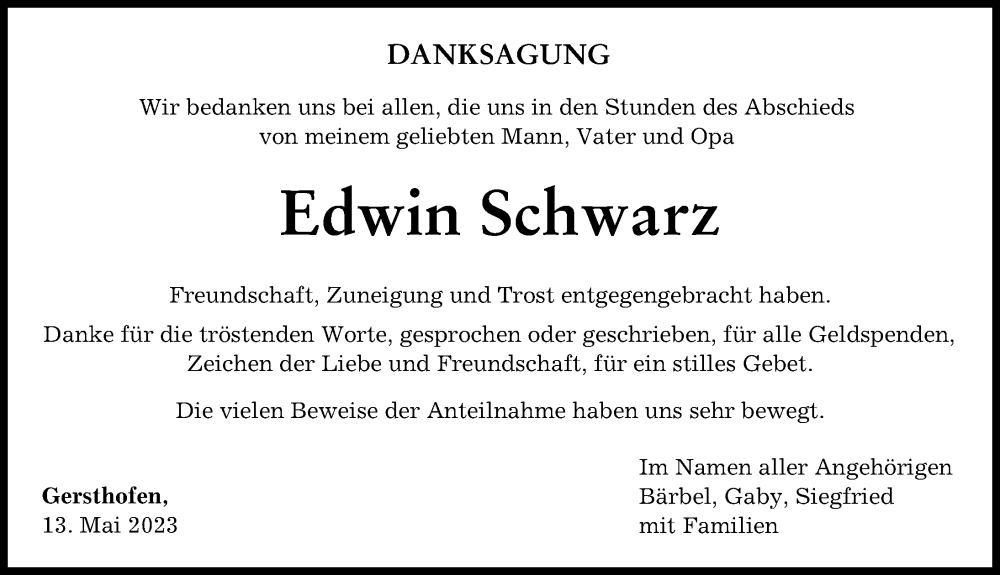  Traueranzeige für Edwin Schwarz vom 13.05.2023 aus Augsburger Allgemeine