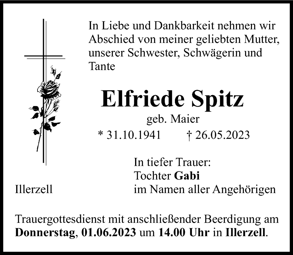  Traueranzeige für Elfriede Spitz vom 30.05.2023 aus Neu-Ulmer Zeitung, Illertisser Zeitung