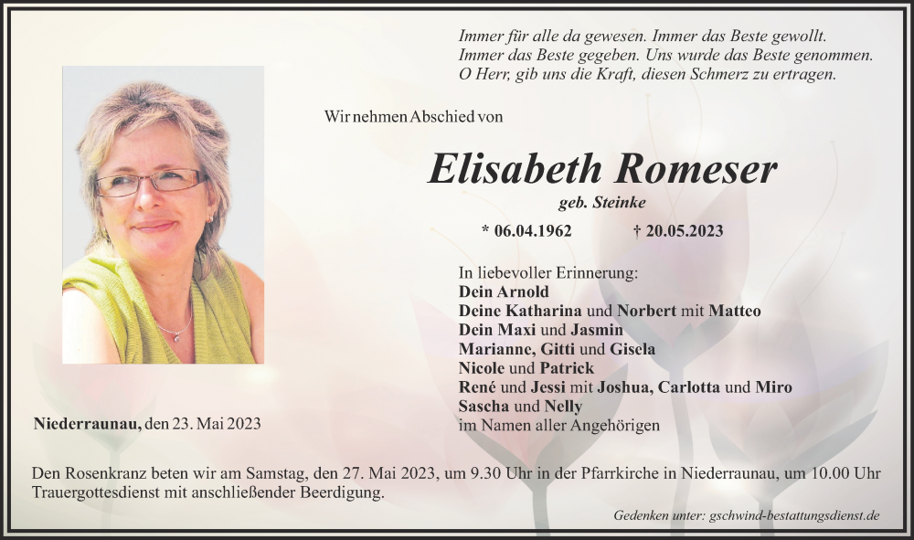  Traueranzeige für Elisabeth Romeser vom 23.05.2023 aus Mittelschwäbische Nachrichten