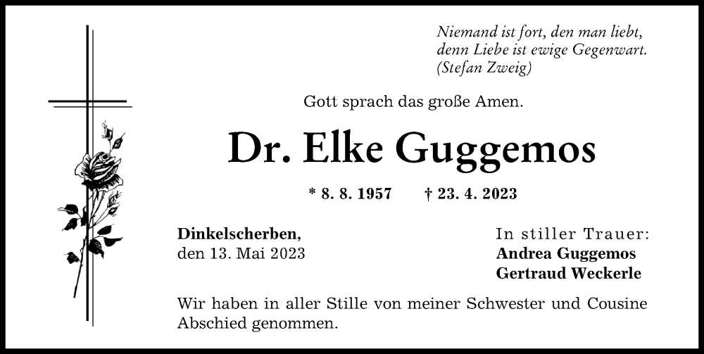  Traueranzeige für Elke Guggemoos vom 13.05.2023 aus Augsburger Allgemeine