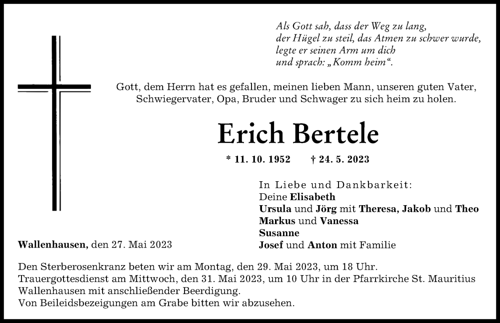  Traueranzeige für Erich Bertele vom 27.05.2023 aus Neu-Ulmer Zeitung