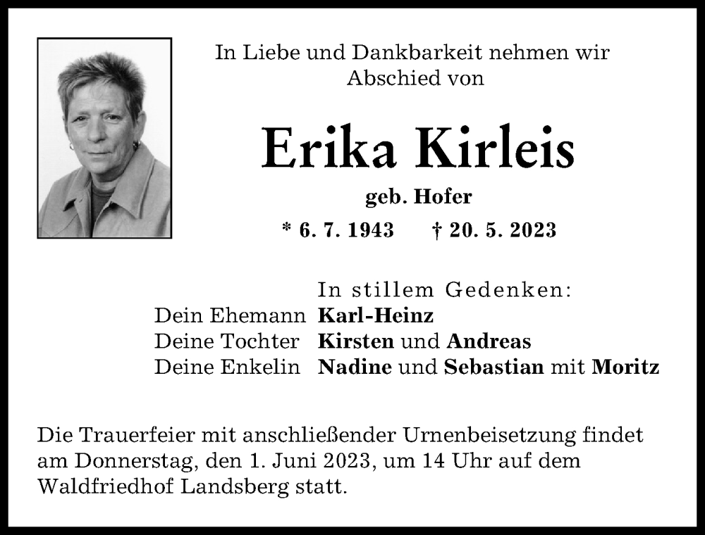  Traueranzeige für Erika Kirleis vom 27.05.2023 aus Landsberger Tagblatt
