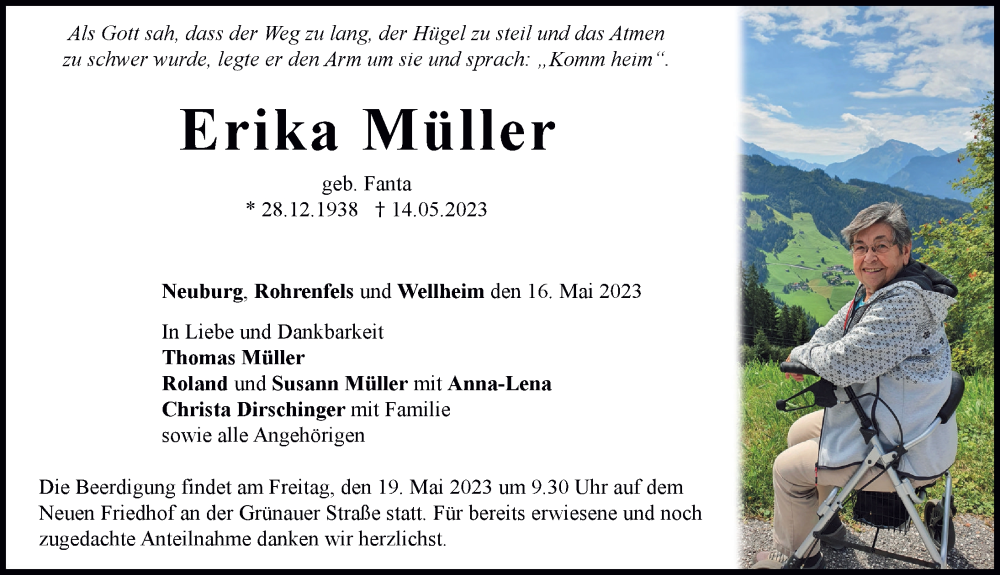  Traueranzeige für Erika Müller vom 16.05.2023 aus Neuburger Rundschau