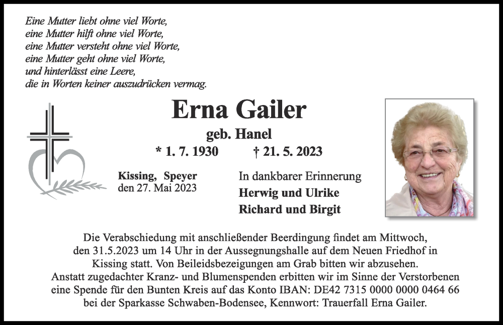 Traueranzeige für Erna Gailer vom 27.05.2023 aus Friedberger Allgemeine