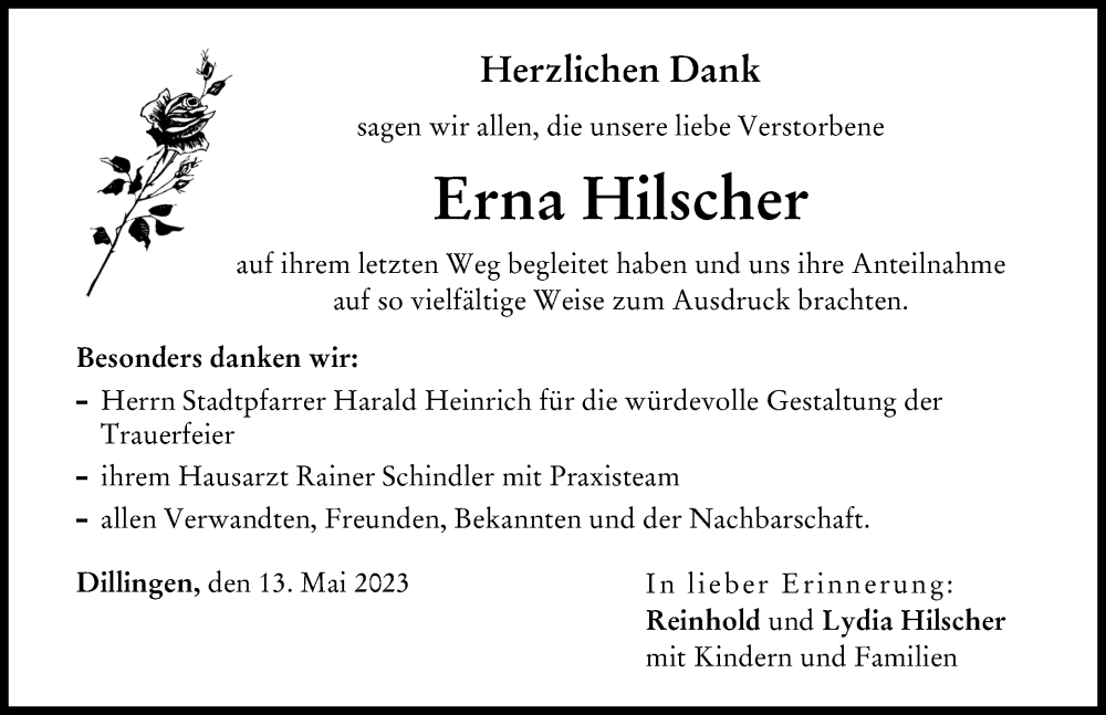 Traueranzeige von Erna Hilscher von Donau Zeitung