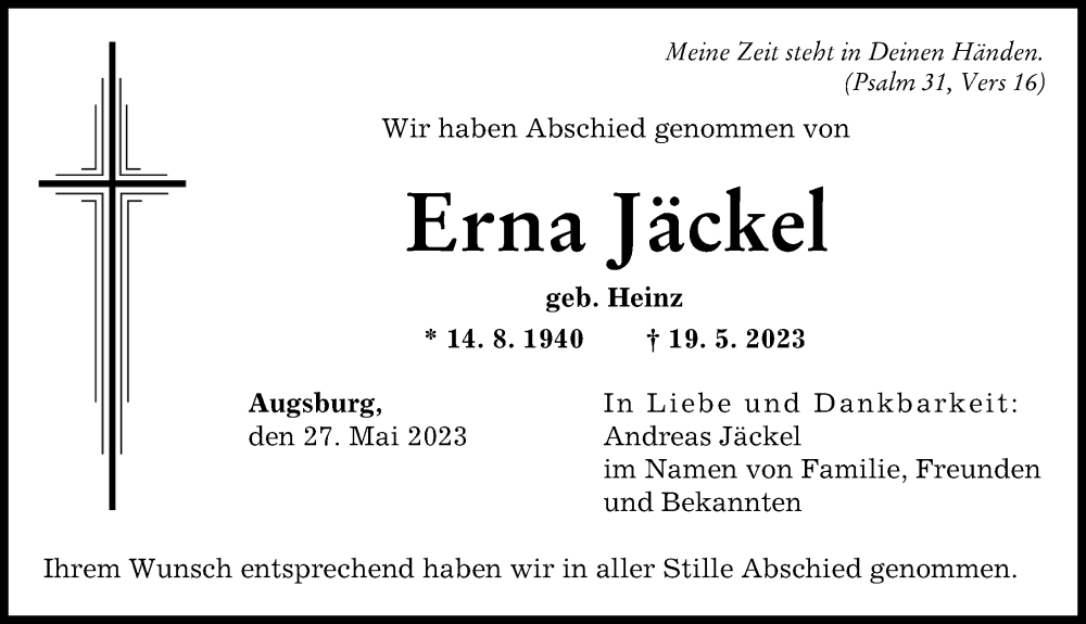  Traueranzeige für Erna Jäckel vom 27.05.2023 aus Augsburger Allgemeine