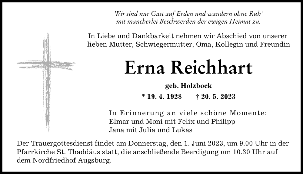  Traueranzeige für Erna Reichhart vom 27.05.2023 aus Augsburger Allgemeine