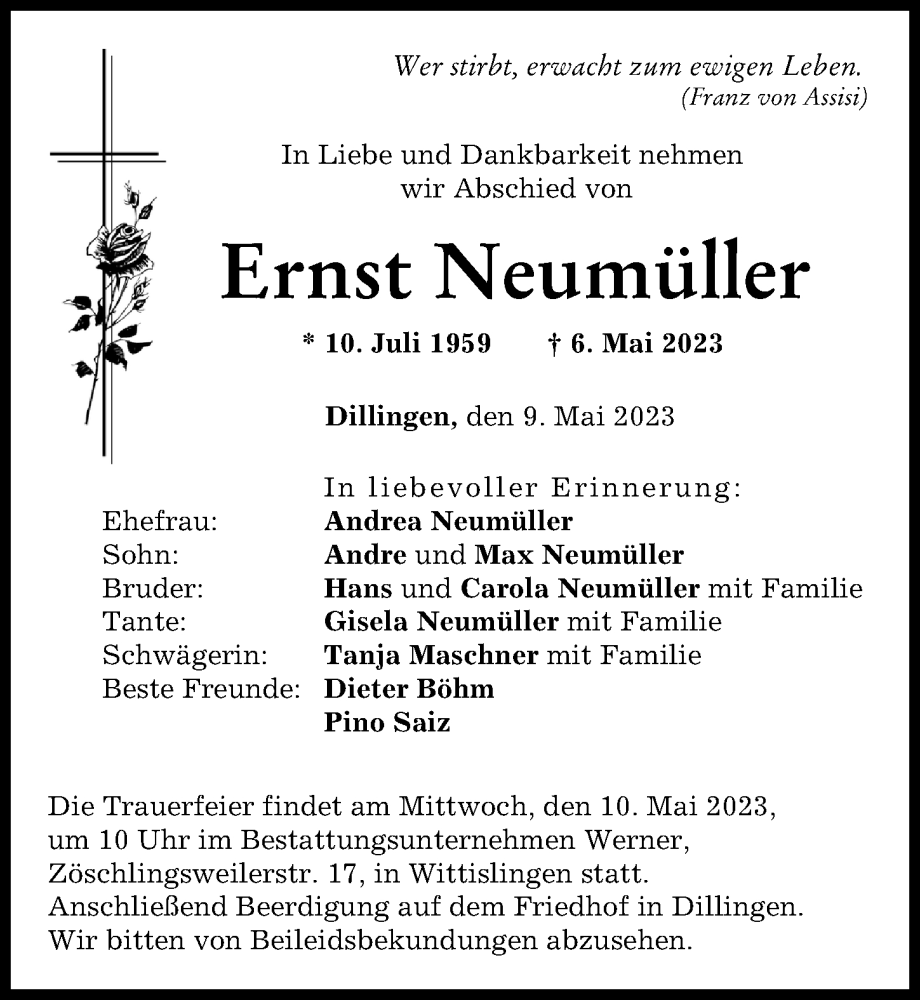 Traueranzeige von Ernst Neumüller von Donau Zeitung