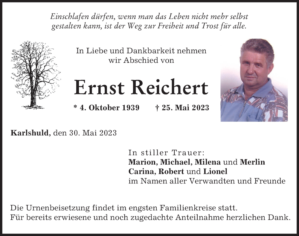  Traueranzeige für Ernst Reichert vom 30.05.2023 aus Neuburger Rundschau