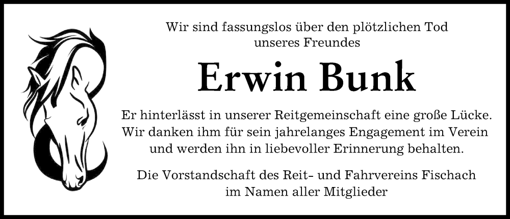  Traueranzeige für Erwin Bunk vom 27.05.2023 aus Augsburg-Land