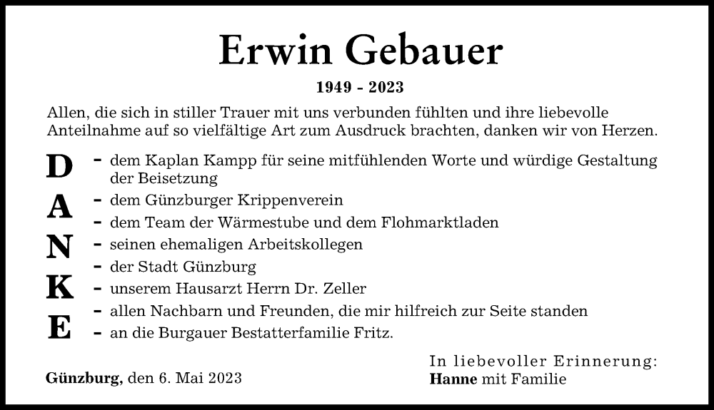  Traueranzeige für Erwin Gebauer vom 06.05.2023 aus Günzburger Zeitung