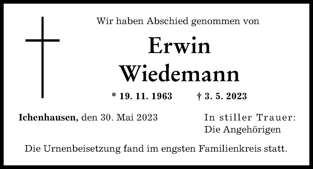  Traueranzeige für Erwin Wiedemann vom 30.05.2023 aus Günzburger Zeitung