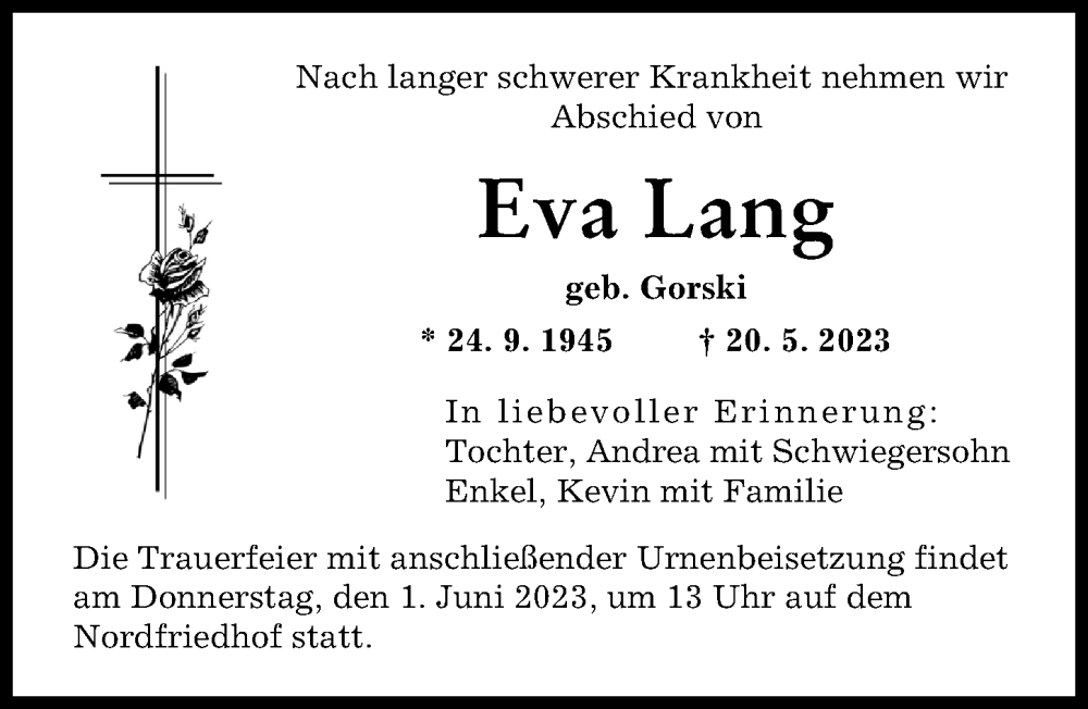  Traueranzeige für Eva Lang vom 27.05.2023 aus Augsburger Allgemeine