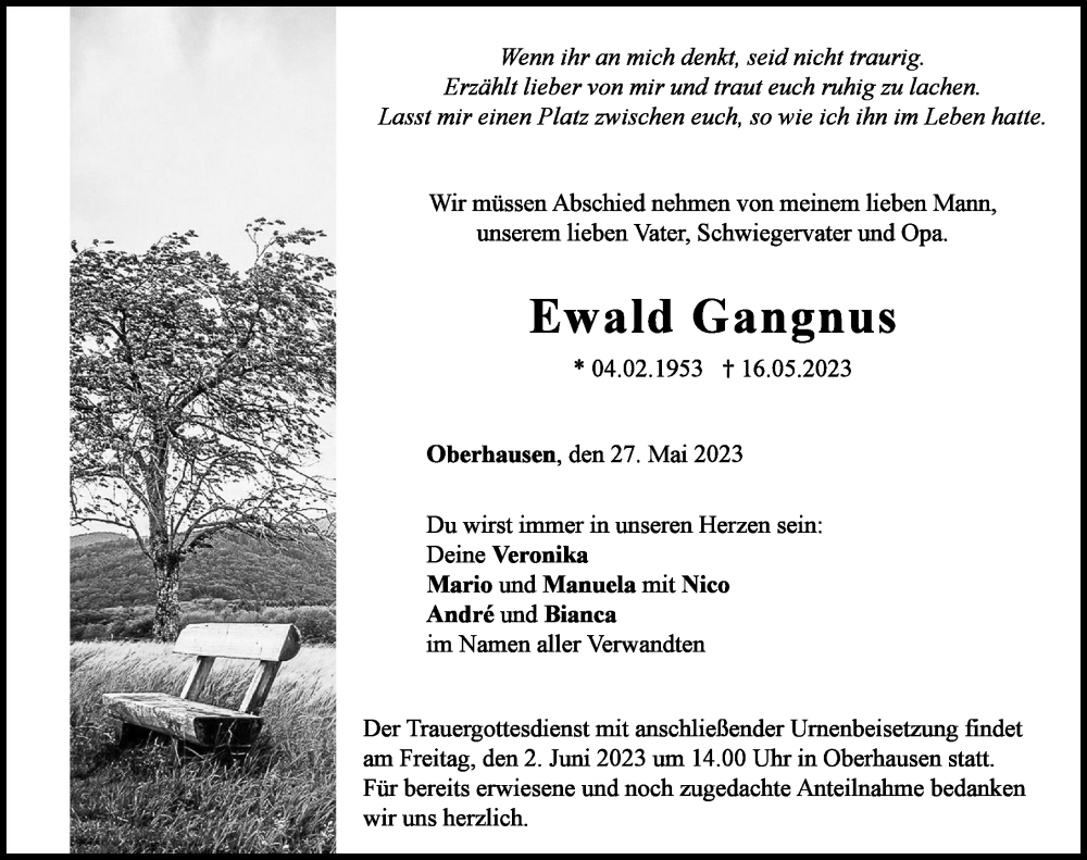  Traueranzeige für Ewald Gangnus vom 27.05.2023 aus Neuburger Rundschau