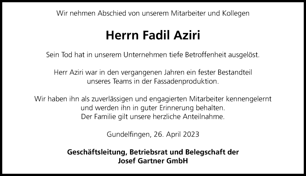  Traueranzeige für Fadil Aziri vom 02.05.2023 aus Donau Zeitung