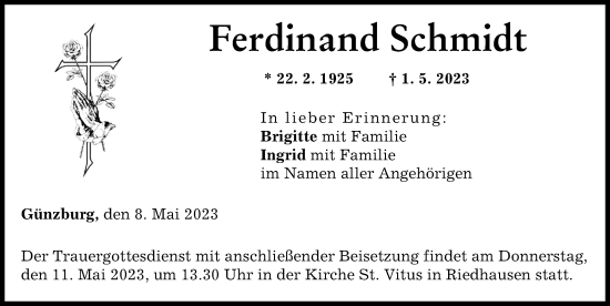 Traueranzeige von Ferdinand Schmidt von Günzburger Zeitung