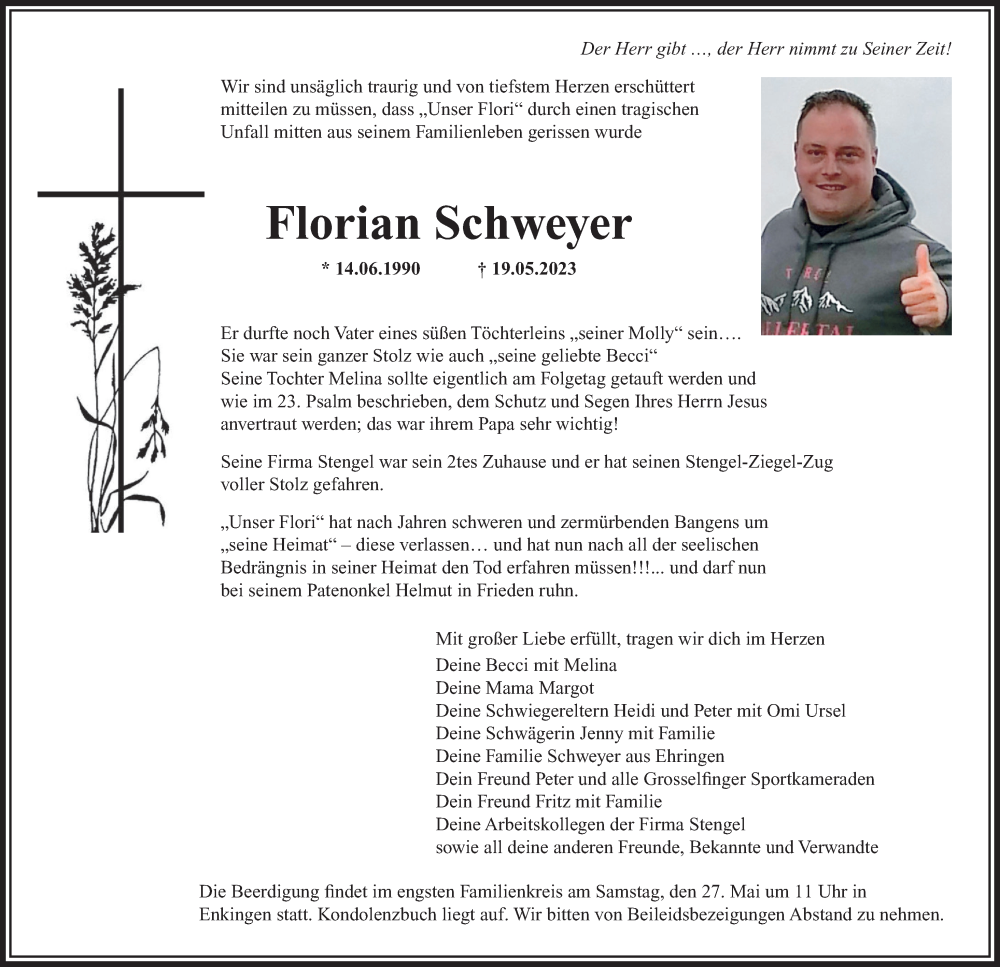  Traueranzeige für Florian Schweyer vom 26.05.2023 aus Rieser Nachrichten