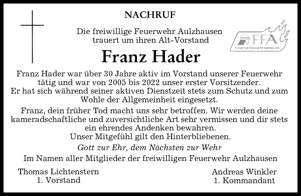  Traueranzeige für Franz Hader vom 01.06.2023 aus Aichacher Nachrichten