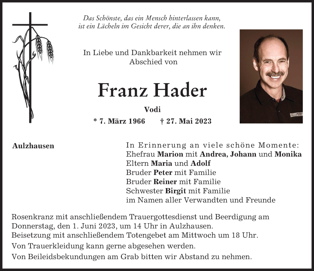  Traueranzeige für Franz Hader vom 30.05.2023 aus Aichacher Nachrichten