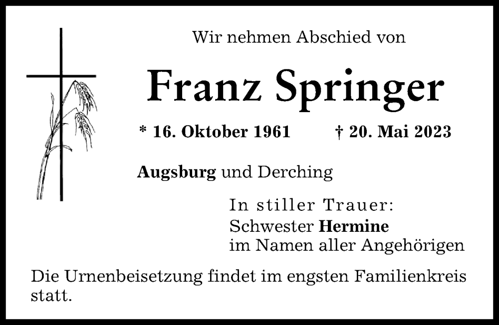  Traueranzeige für Franz Springer vom 27.05.2023 aus Augsburger Allgemeine