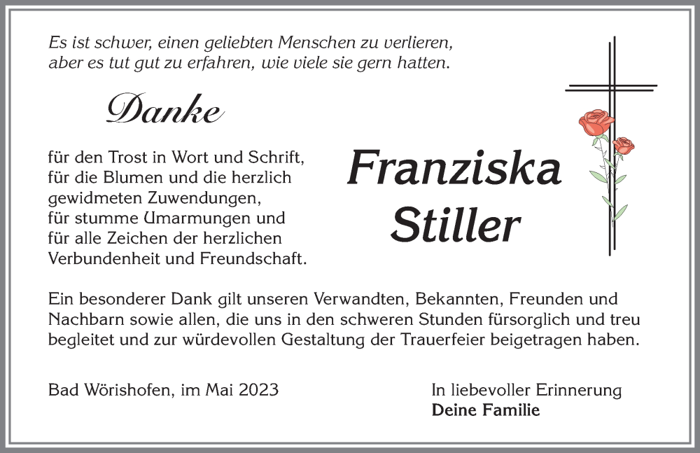 Traueranzeige von Franziska Stiller von Mindelheimer Zeitung