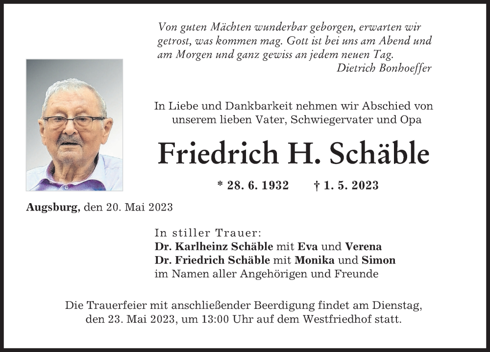 Traueranzeige von Friedrich H. Schäble von Augsburger Allgemeine