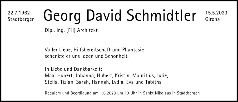  Traueranzeige für Georg David Schmidtler vom 27.05.2023 aus Augsburger Allgemeine