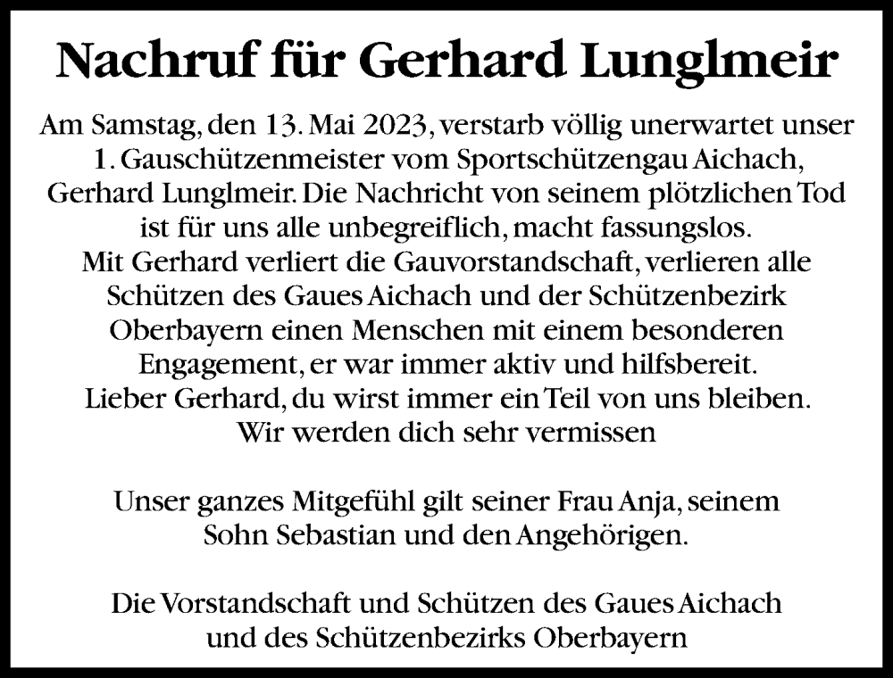  Traueranzeige für Gerhard Lunglmeir vom 31.05.2023 aus Aichacher Nachrichten