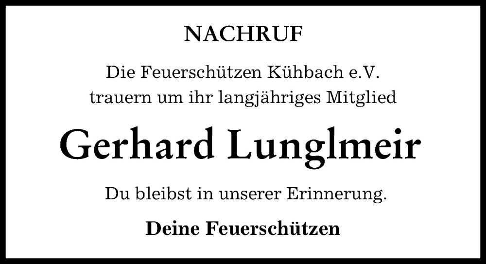  Traueranzeige für Gerhard Lunglmeir vom 31.05.2023 aus Aichacher Nachrichten