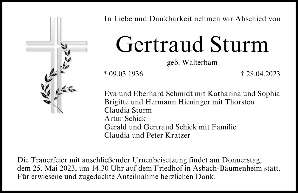 Traueranzeige von Gertraud Sturm von Donauwörther Zeitung