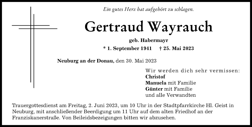  Traueranzeige für Gertraud Wayrauch vom 30.05.2023 aus Neuburger Rundschau