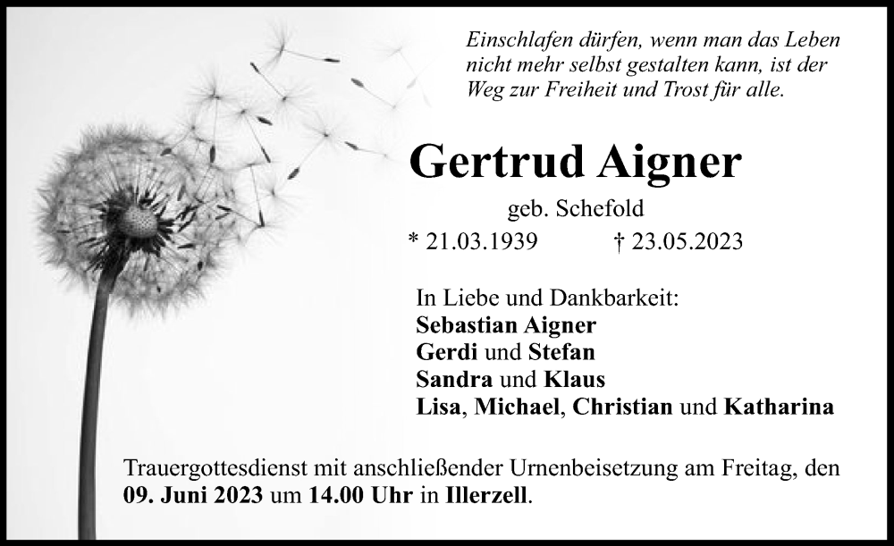  Traueranzeige für Gertrud Aigner vom 31.05.2023 aus Neu-Ulmer Zeitung