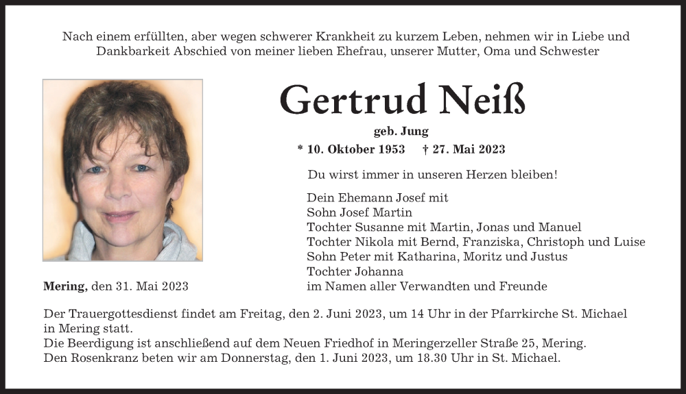  Traueranzeige für Gertrud Neiß vom 31.05.2023 aus Friedberger Allgemeine, Augsburger Allgemeine