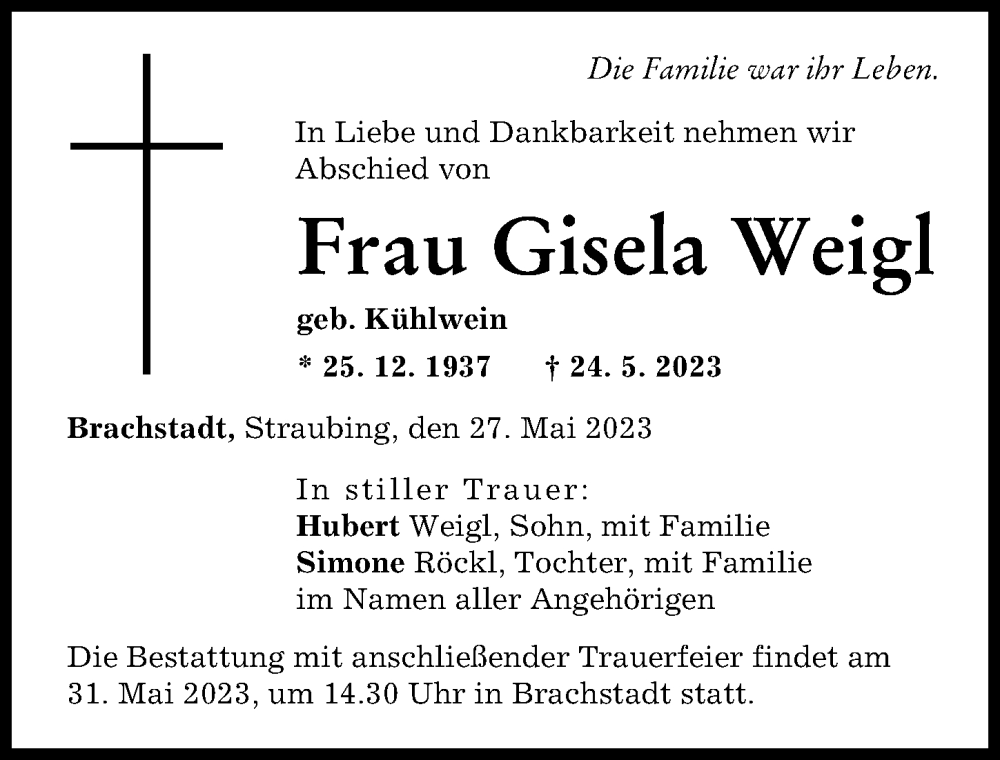  Traueranzeige für Gisela Weigl vom 27.05.2023 aus Donau Zeitung, Donauwörther Zeitung