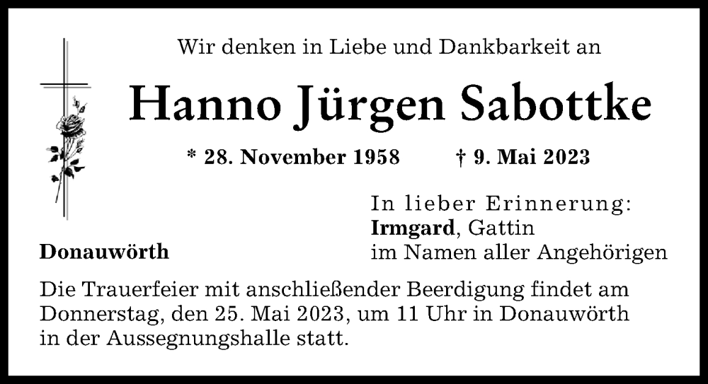 Traueranzeige von Hanno Jürgen Sabottke von Donauwörther Zeitung