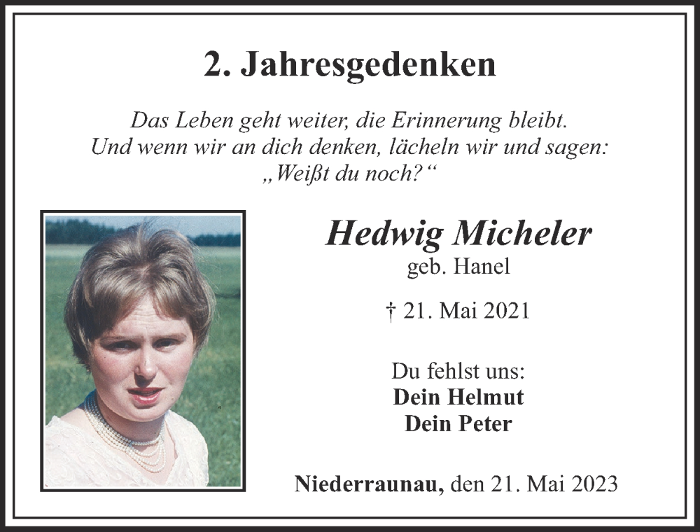 Traueranzeige von Hedwig Micheler von Mittelschwäbische Nachrichten