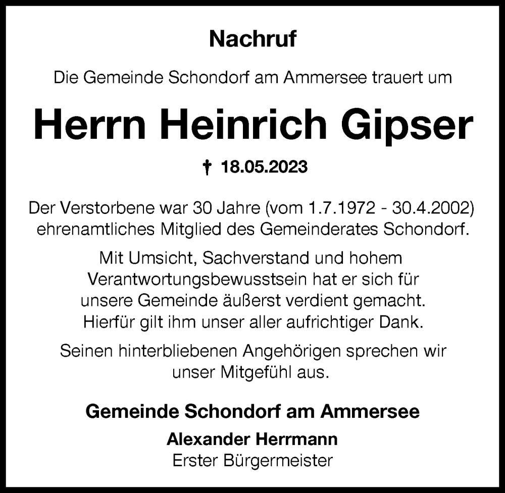  Traueranzeige für Heinrich Gipser vom 01.06.2023 aus Landsberger Tagblatt