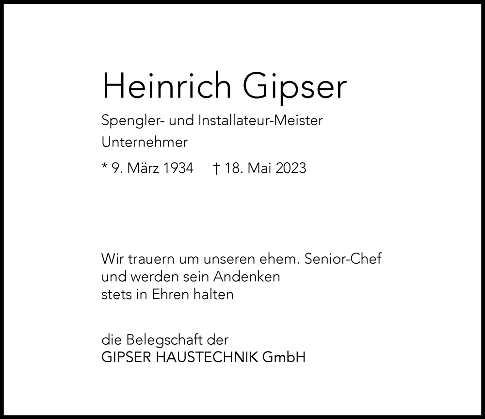  Traueranzeige für Heinrich Gipser vom 26.05.2023 aus Landsberger Tagblatt