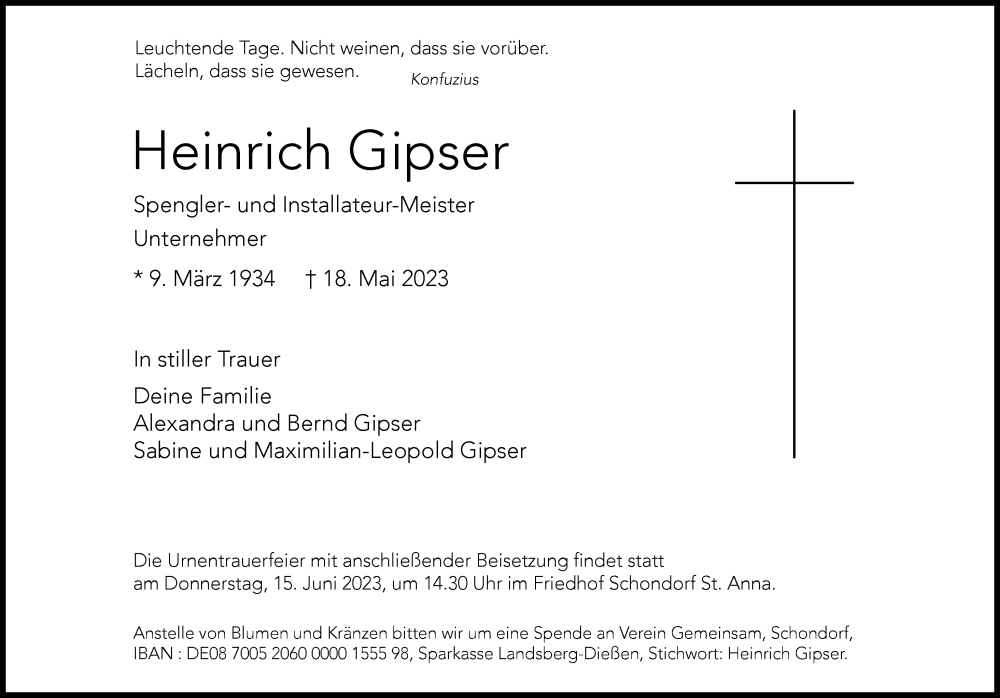 Traueranzeige für Heinrich Gipser vom 26.05.2023 aus Landsberger Tagblatt