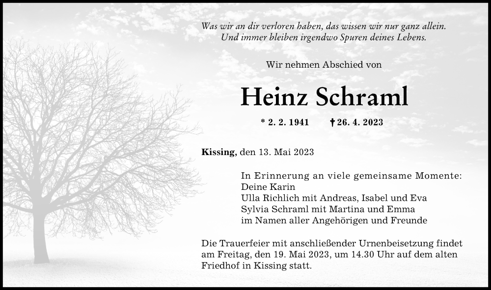 Traueranzeige von Heinz Schraml von Friedberger Allgemeine, Augsburger Allgemeine