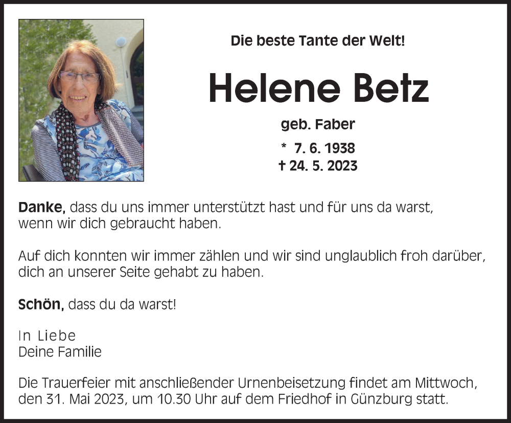  Traueranzeige für Helene Betz vom 27.05.2023 aus Günzburger Zeitung