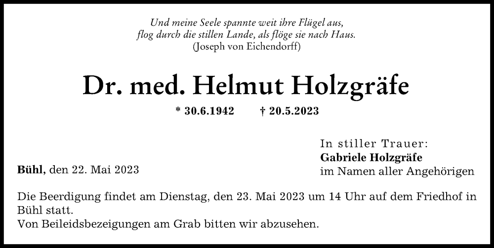  Traueranzeige für Helmut Holzgräfe vom 22.05.2023 aus Günzburger Zeitung, Neu-Ulmer Zeitung