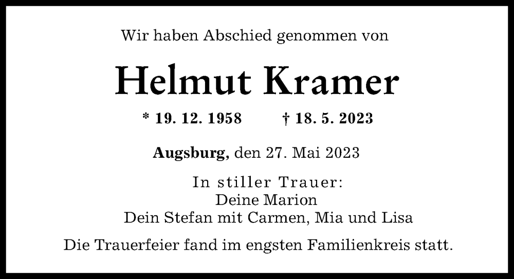  Traueranzeige für Helmut Kramer vom 27.05.2023 aus Augsburger Allgemeine